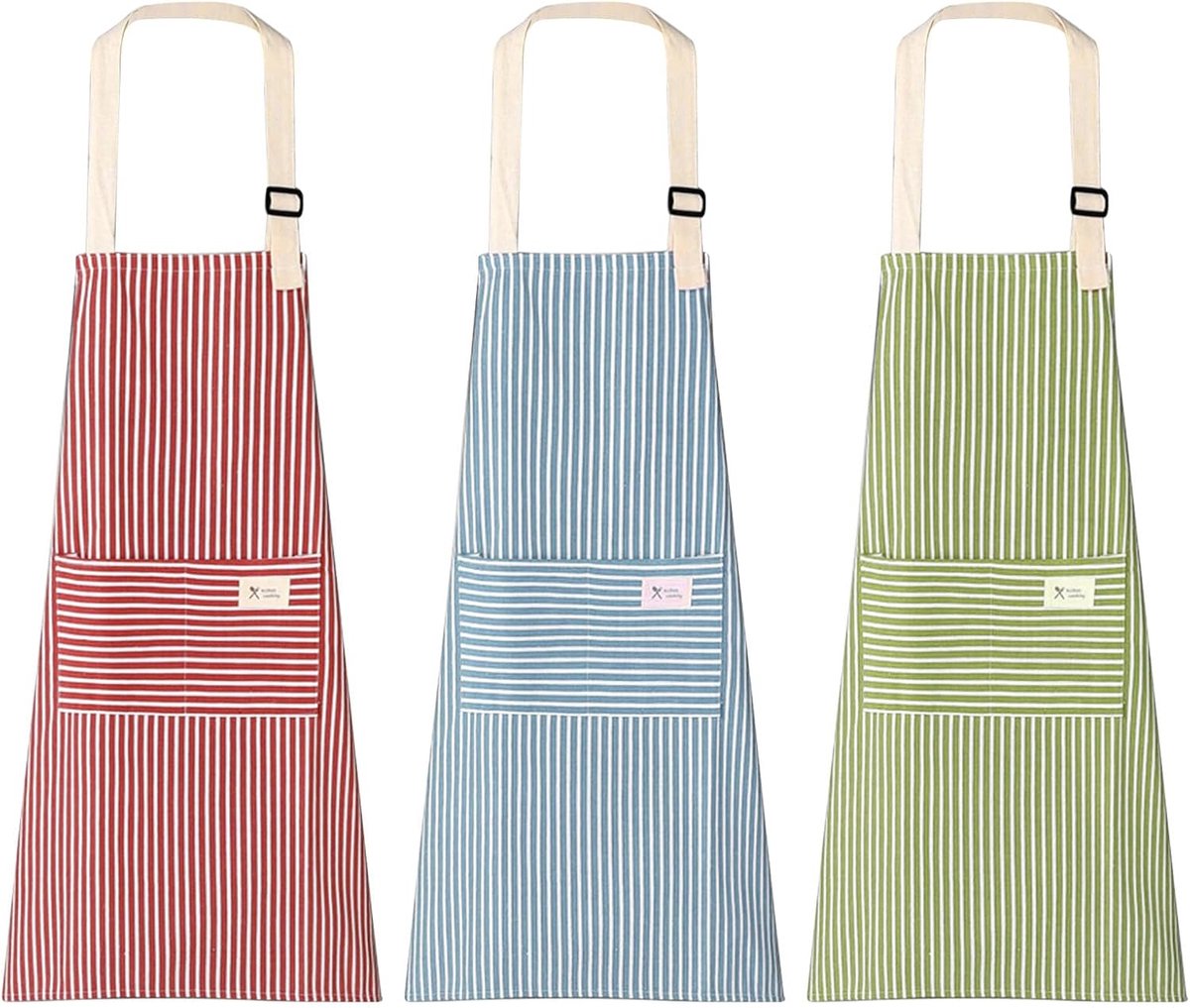 Schort unisex verstelbaar 3-pack - blauw, rood, groen - met zakken - voor thuiskeuken of restaurant - SnelShoppen