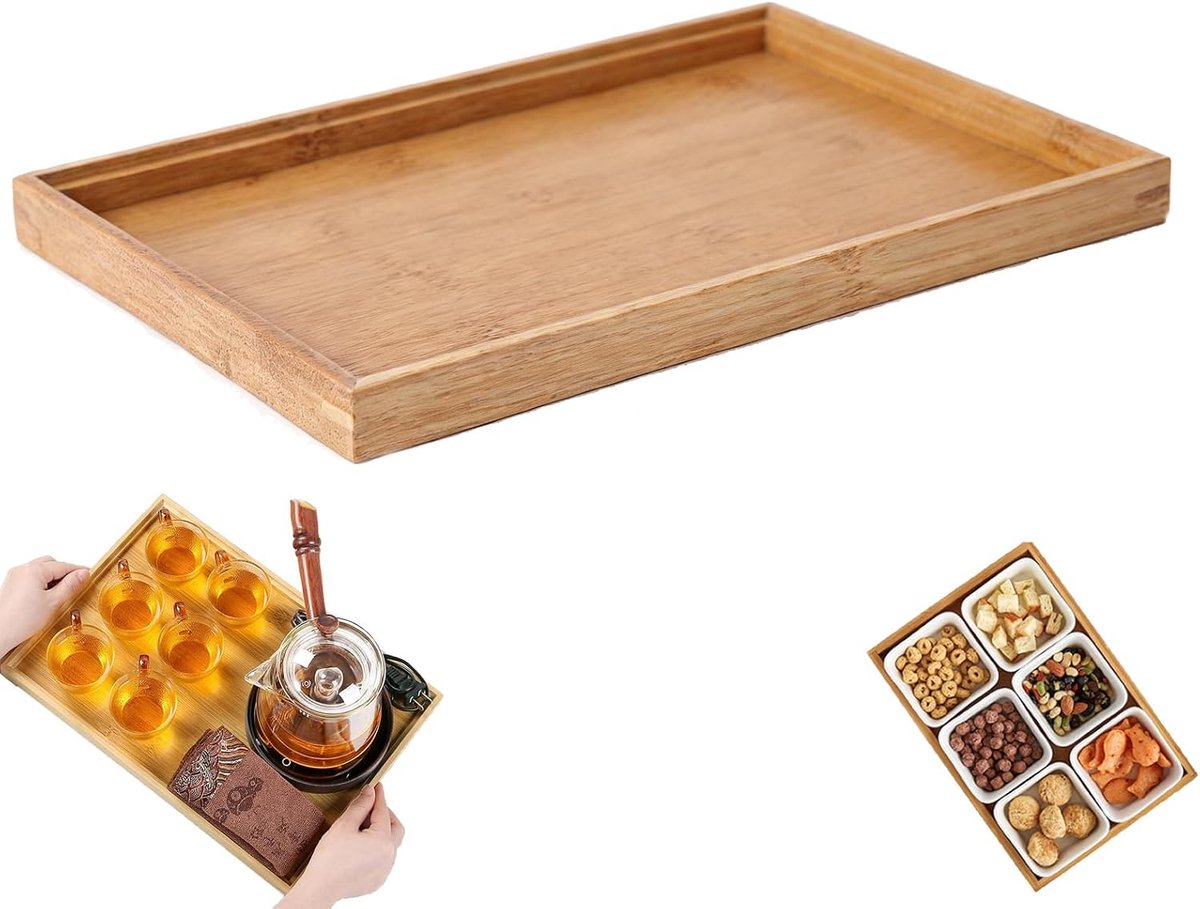 Serveertray met Handvatten - Houten Ontbijttray - Rectangular Bamboo - Ideaal voor Thuis of Café - SnelShoppen