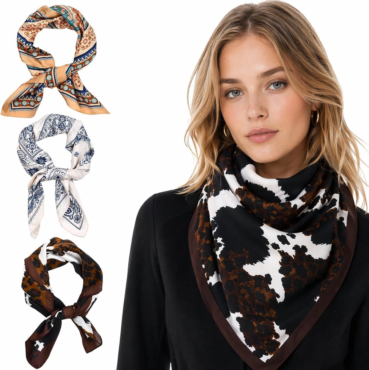 Zijden sjaals 68 x 65 cm - 3 stuks - zachte bandana's - perfect voor kapsels en tassen - SnelShoppen