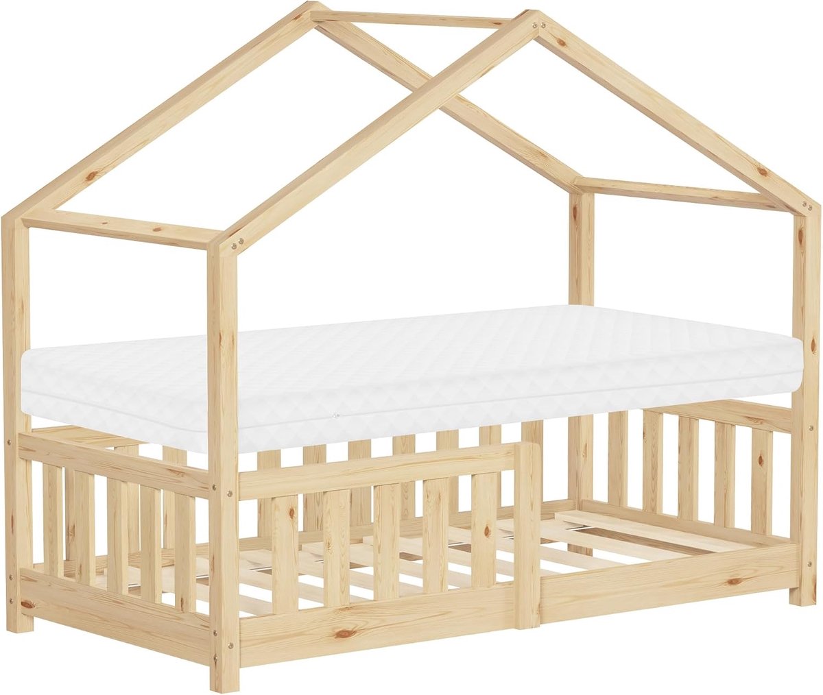 Kinderbed huis 70x140 cm naturel met matras houten bed met valbeveiliging lattenbodem en dak speelbed van grenenhout voor kinderen Montessori vloerbed juniorbed bedframe speels bedhuis