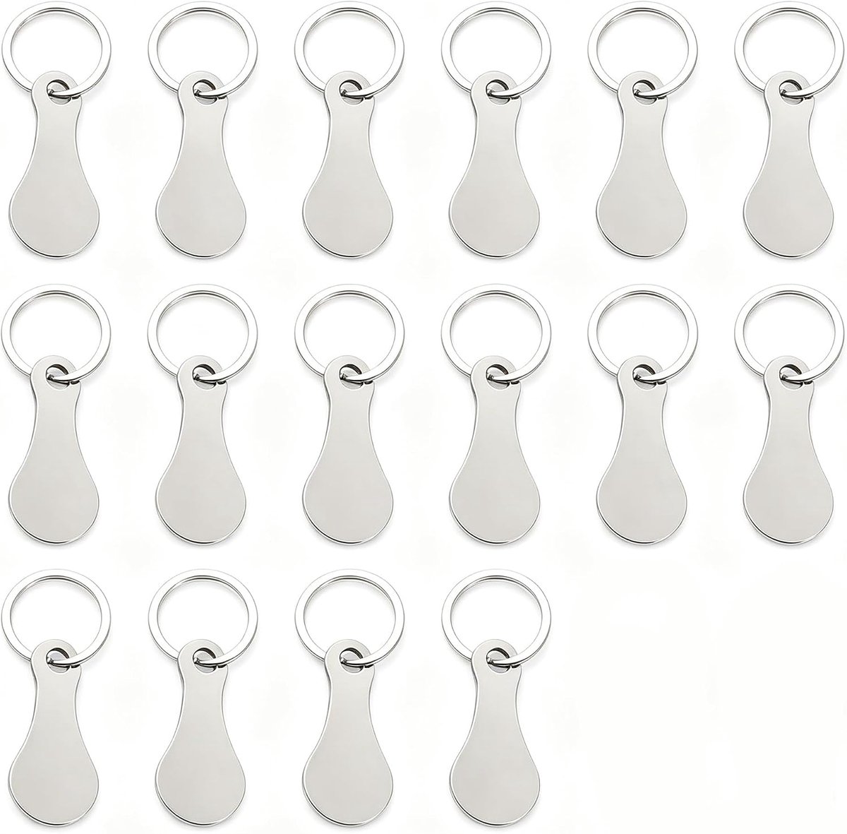 16 stuks winkelwagenontgrendelers, roestvrij staal, winkelwagenmunt, afneembare sleutelhanger, metalen winkelwagenchip om eruit te trekken, praktische gadgets voor winkelwagen, zilver