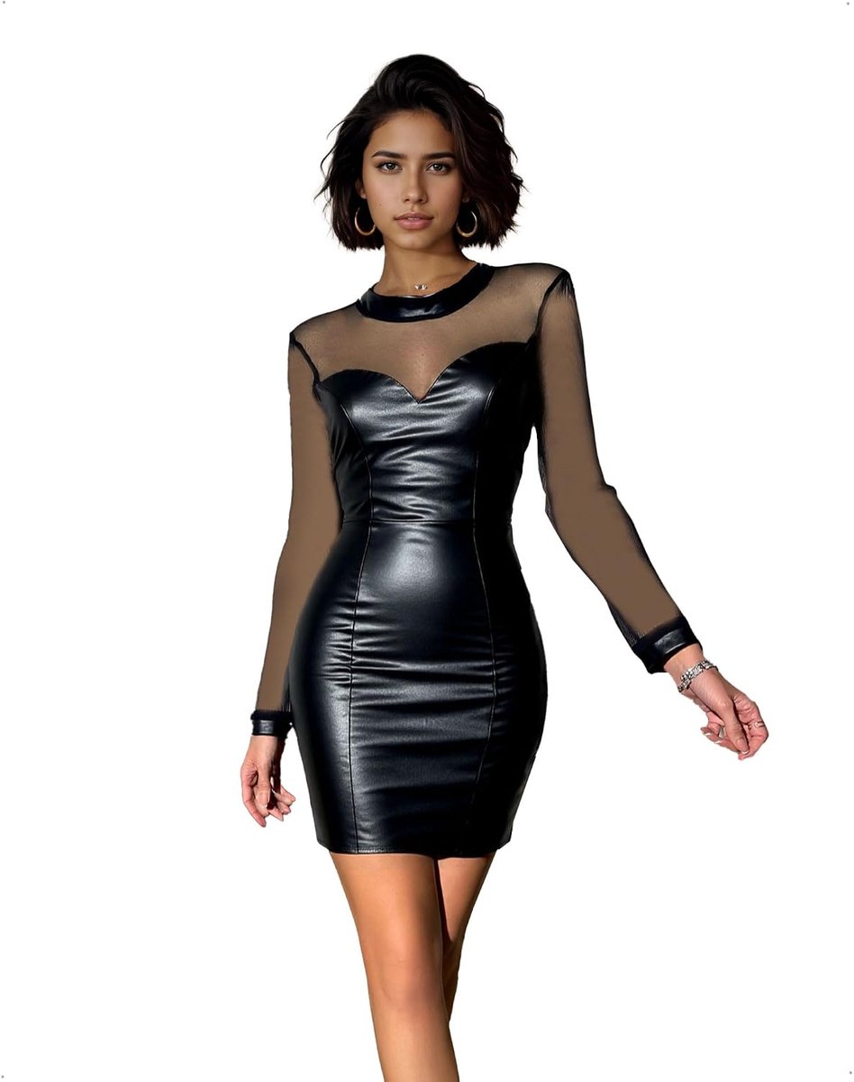 Mini-jurk van Imitatieleer met Kant, PU-jurk met Lange Mouwen en Halternek, Slim Fit Doorschijnende Mesh Bodycon-jurk voor een Avondje uit of een Clubfeest, Zwart, S-L