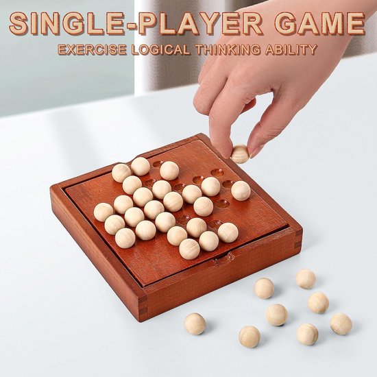 Houten Mini-Reisspellen, klassieke houten bordspellen, eenpersoonsspellen, kinderpuzzelspeelgoed, binnenparty bijeenkomst tafelbladpuzzelspel (Jump All but one) van houten — afbeelding 5