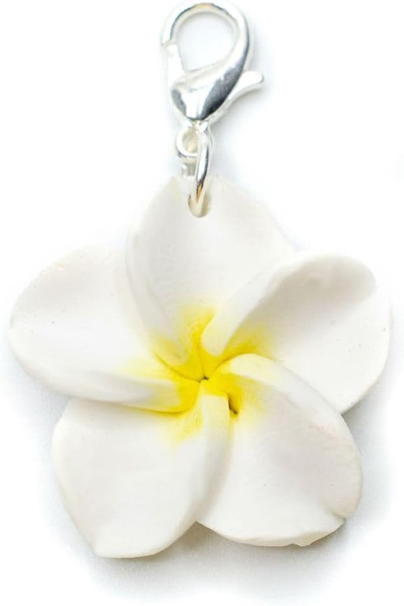 Frangipani Charm Bloem Blossom Plumeria Hawaii Surfen Lente Zomer Wit - Handgemaakte Mode-sieraden - Hanger Armband Pull Rits, 25mm, Polymeerklei, niet bekend