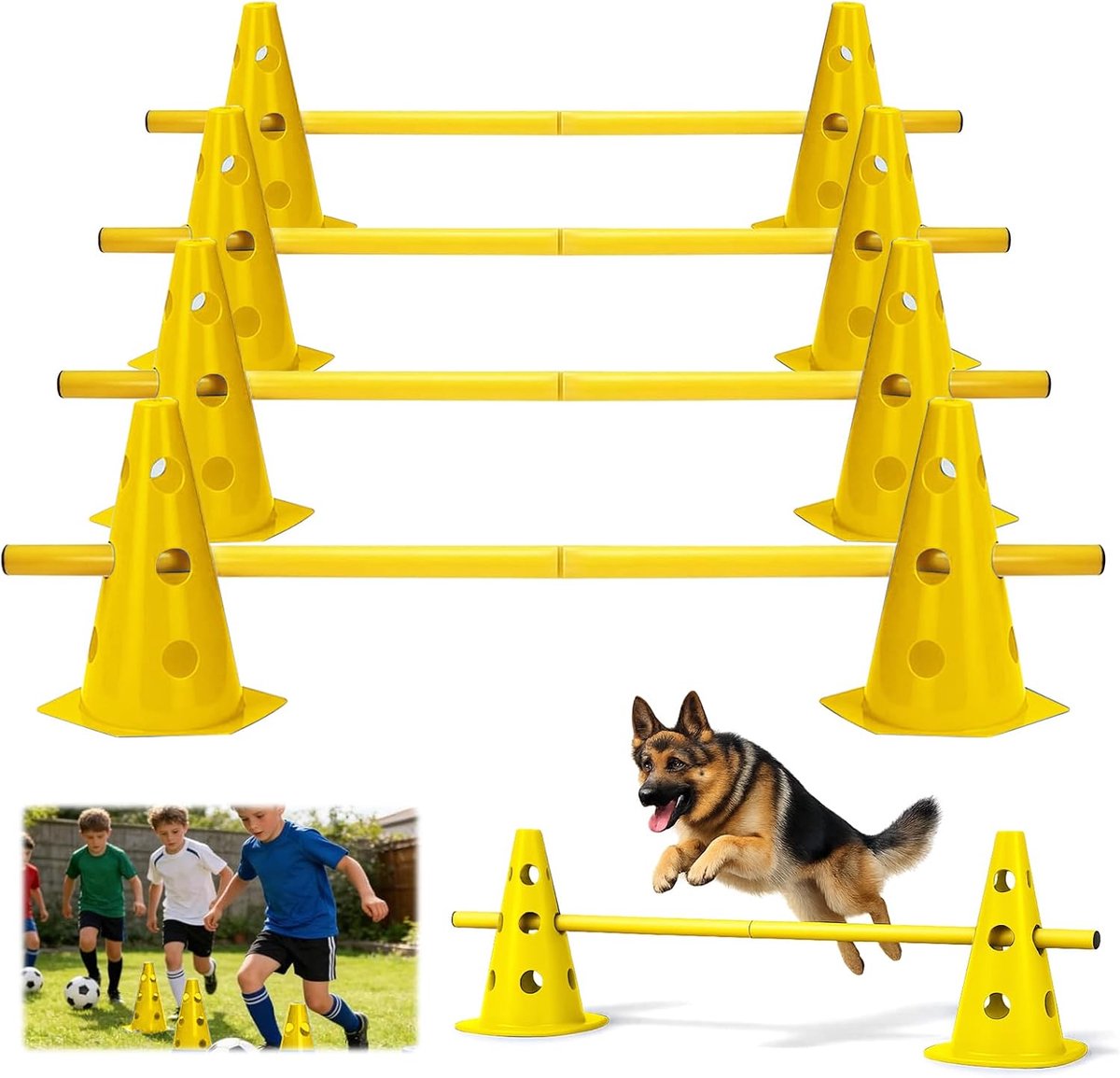 10 kegels + 5 stangen, in hoogte verstelbare agility obstakels voor hondensport en voetbaltraining, veelzijdige trainingsset voor kinderen, honden en paarden, 23 cm hoog, 80