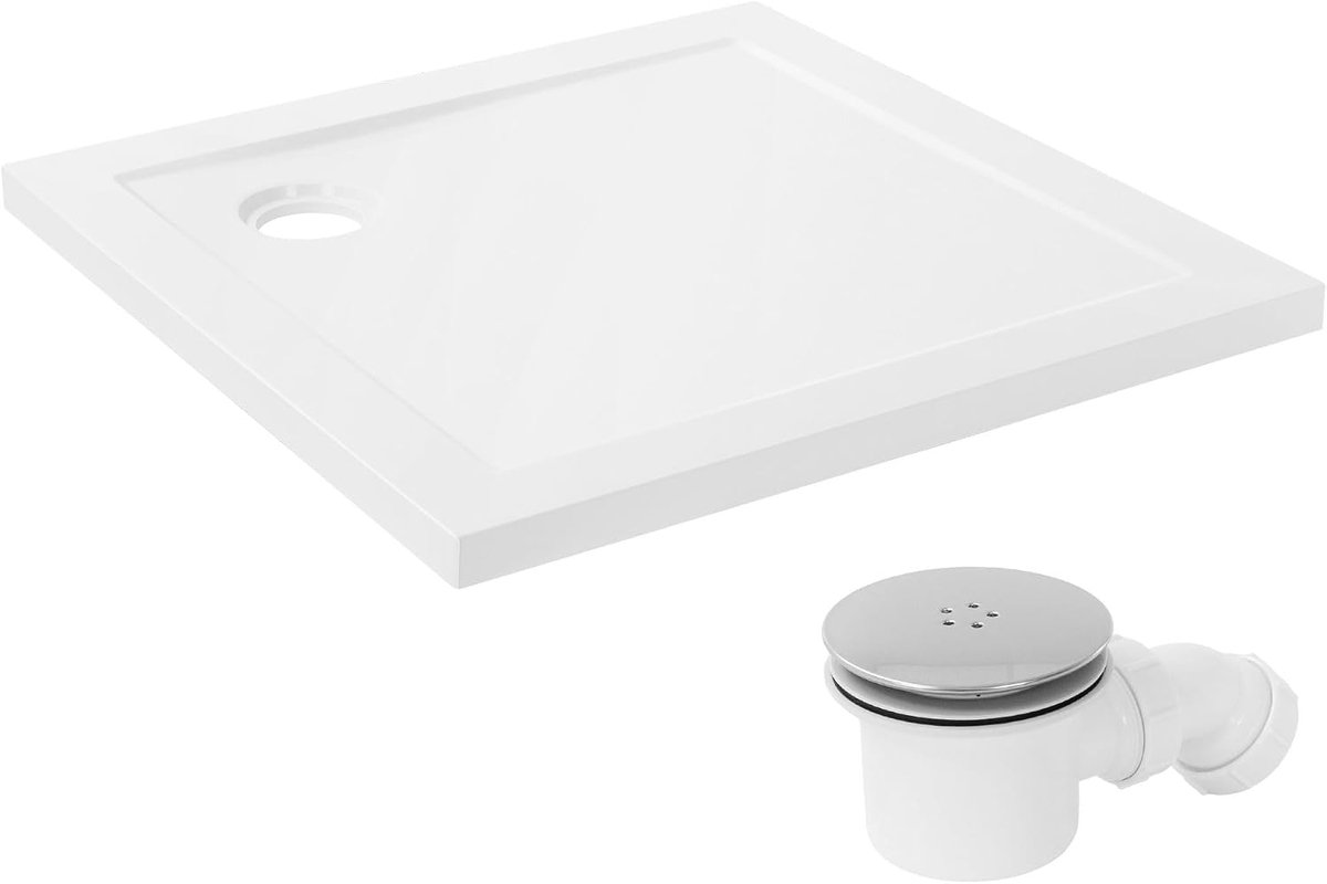 Douchebak 80x80 cm Wit met Afvoerset, Complete Vierkante Douchebak Set, Douchevloer H40 mm van SMC, Hoogglans Afwerking, 3 Inbouwmogelijkheden, Extra Platte Douchetray met Sifon voor Badkamer