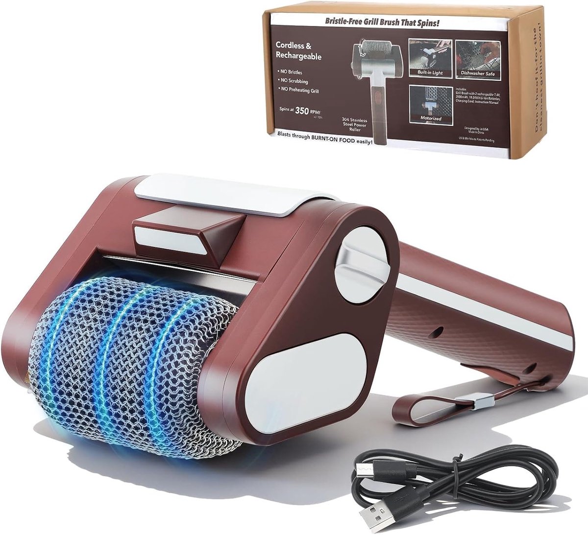 Grillreiniger, borstelvrij, met led, 304 roestvrij staal, draadloos, oplaadbaar, BBQ-powerborstel voor grillreiniging, geschikt voor alle barbecues