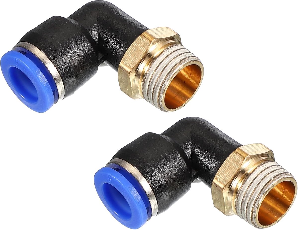 1/4 "Push to Connect Fitting, 2 Pack PT buitendraad 90 graden aansluiten 8 mm buizenelleboog en rechte combinatie luchtbuisfitting pneumatische snelkoppelingsadapter, blauw