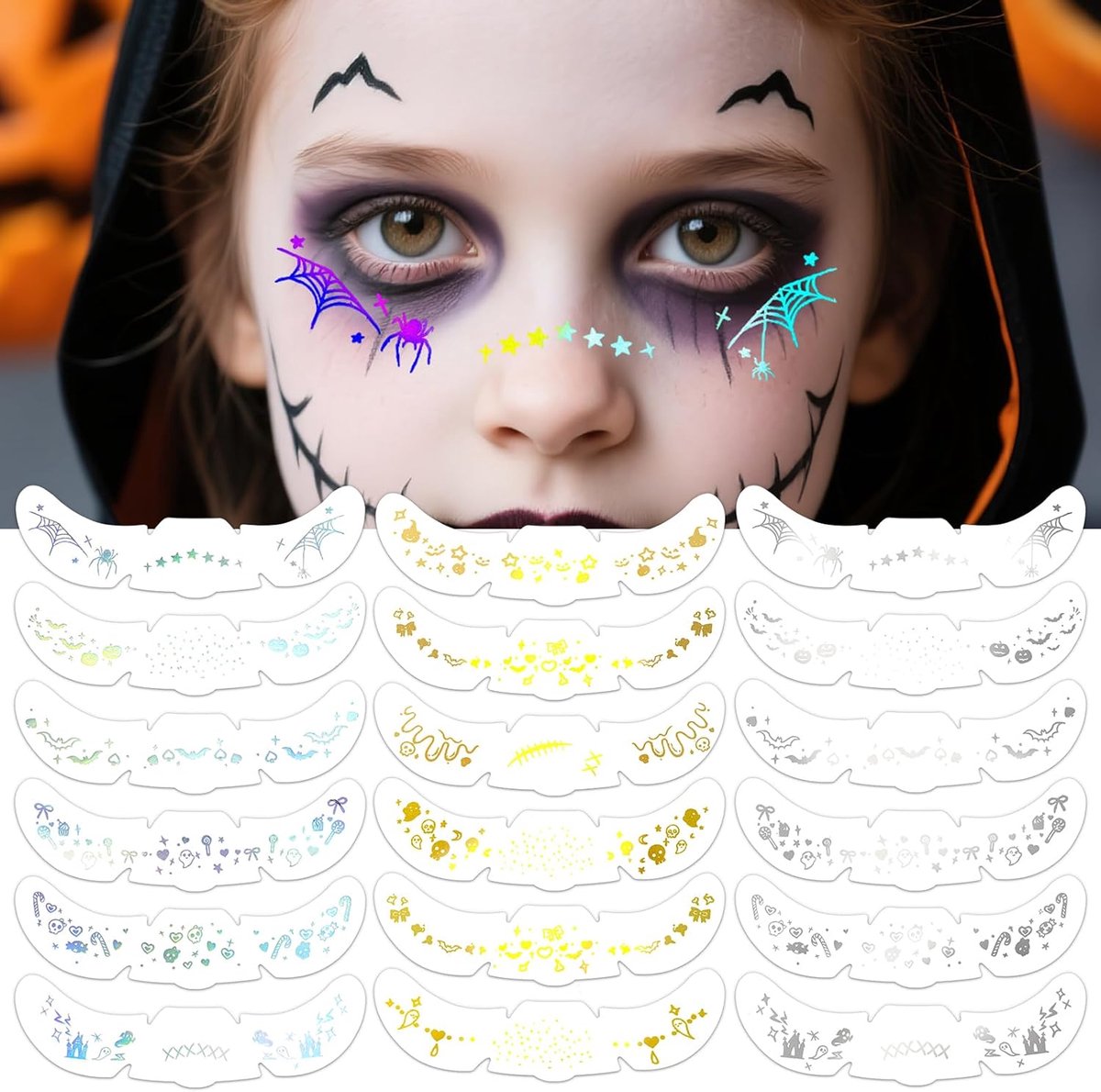 18 stuks Halloween-tatoeages, zomersproeten met glinsterende, glittertattoo, make-up accessoires, Halloween, gezichtstattoos, pompoen, spinnenweb, vleermuis, geest, tijdelijke tatoeages