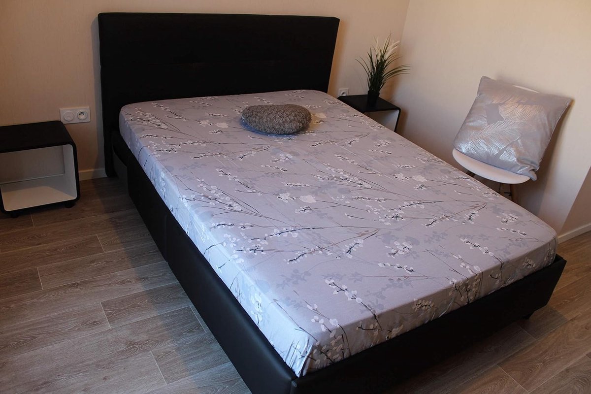 Hoeslaken, 90 x 200 x 30 cm, hoogwaardig katoen, hoeslaken met omslag 30 cm, voor tweepersoonsbed (kleur linnen met bloemenpatroon)