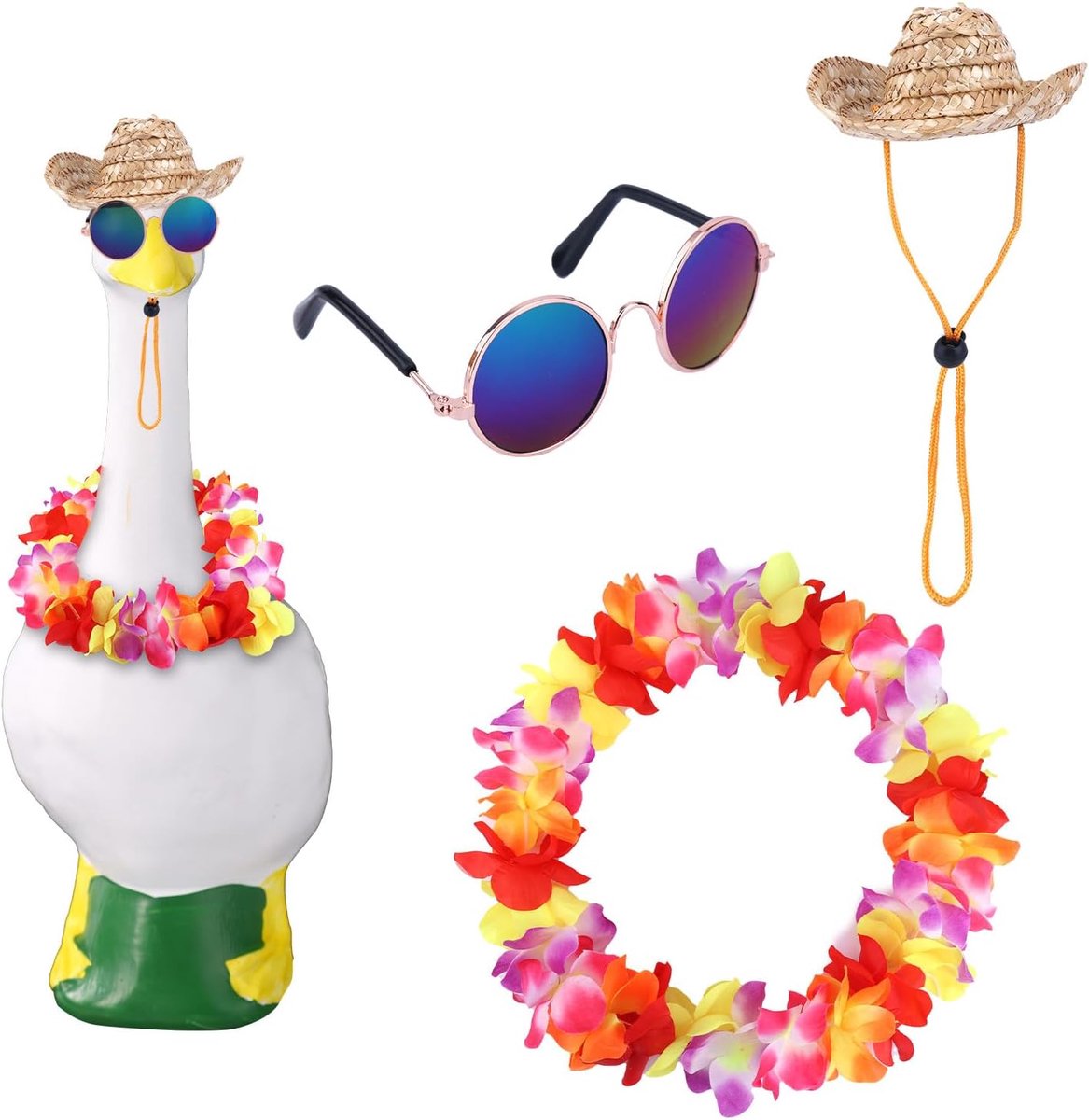 Tuin Ganzenoutfits, Zomerkleding Tuinganzen met Schattige Zonnebril Verstelbare Hoed Hawaiiaanse Slinger Kleurrijk Kostuum voor Tuin Retro Huisdier Cosplayfeest Terras Erf