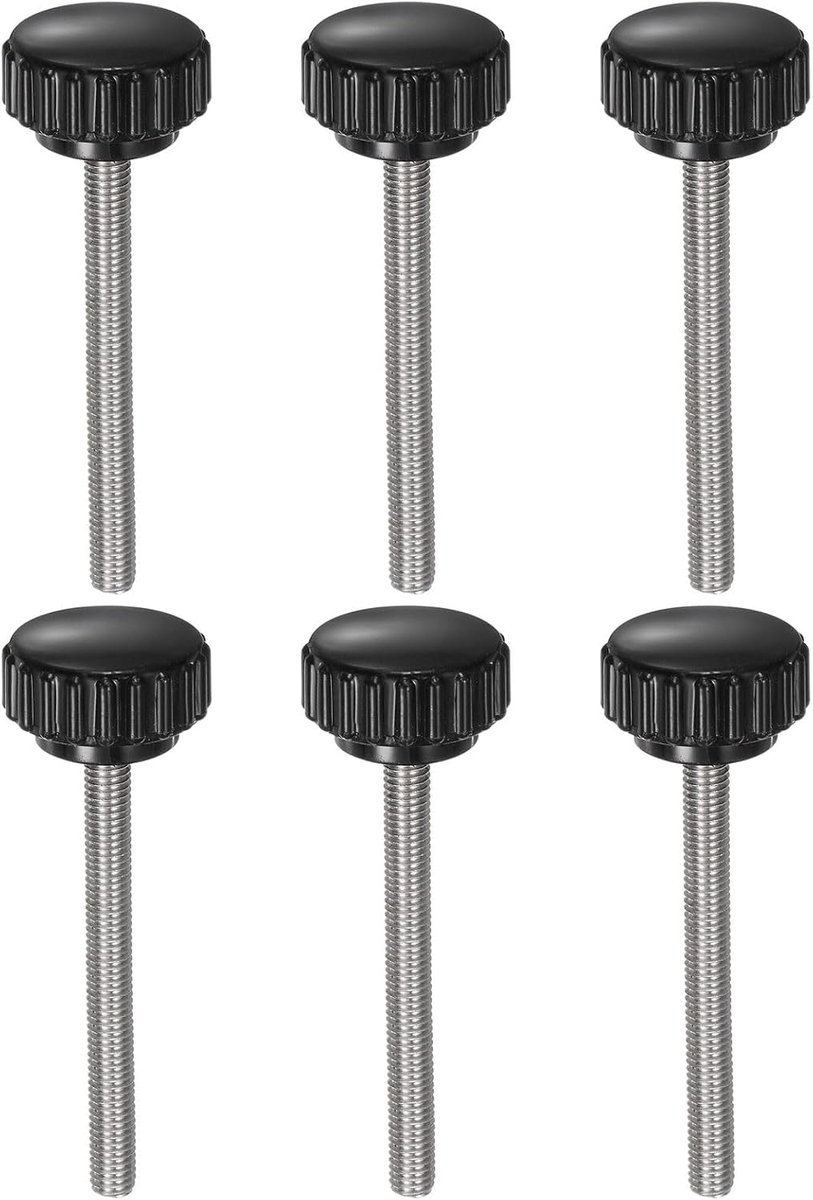 6 stuks spangrepen, gekarteld M5 x 50 mm, metrisch 304 roestvrij staal buitendraad, gekartelde kopschroef 22 mm knoppen, schroefdraadbouten, ronde kop, kunststof, zwart
