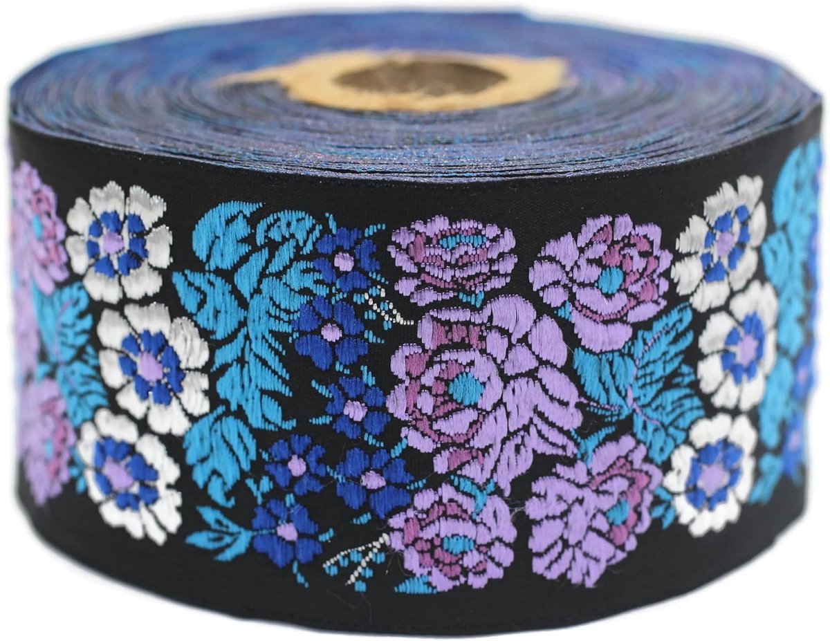 Jacquard Lint Weeft Paars en Blauw Geheime Tuin 10 m x 50 mm - Rollen Borduurband voor Naaien Decoratie 50097-V4