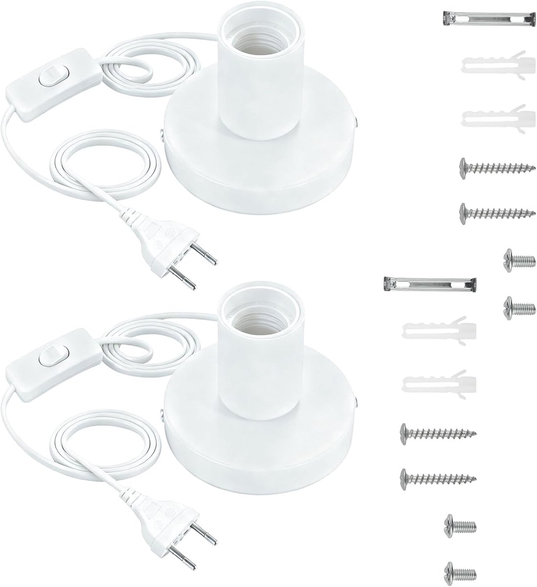 2 stuks lamphouder E27 met schakelaar, wit, 1,8 m netsnoer en kabelschakelaar voor hanglamp en hanglamp, vintage tafellamp (220V, 3A)