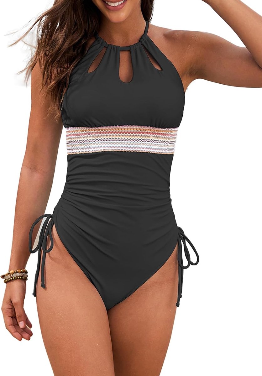 Badpak Dames met Decoratieve Uitsparingen Badpakken Eendelig Geplooid Buikweg Strandmode Hoge Hals Eendelige Badmode Eendelige Badmode Eendelig