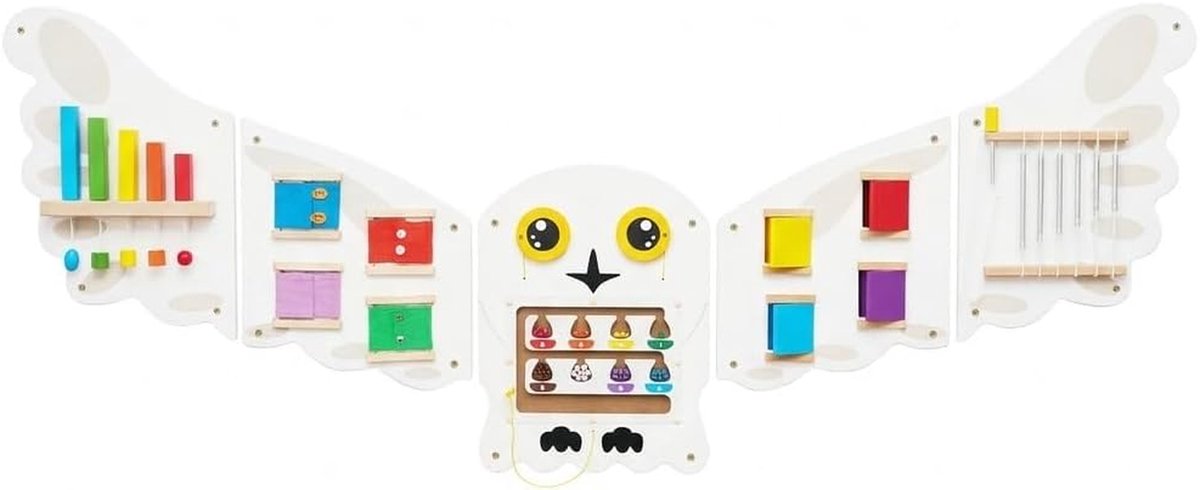 Montessori Uil Busy Board - Sensorisch Wandpaneel Peuters - Ontwikkelen Fijne Motoriek - Meer Dan 20 Activiteiten - Large - Wit