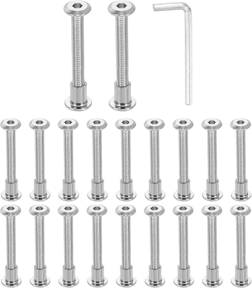 Set van 20 M6 x 50 mm zeskantaandrijving binnenzeskantschroeven en M6 x 10 mm moeren met M4 zeskantsleutel, meubelverbindingsschroeven en schroeven voor meubels, verzonken kopriemen, zilver
