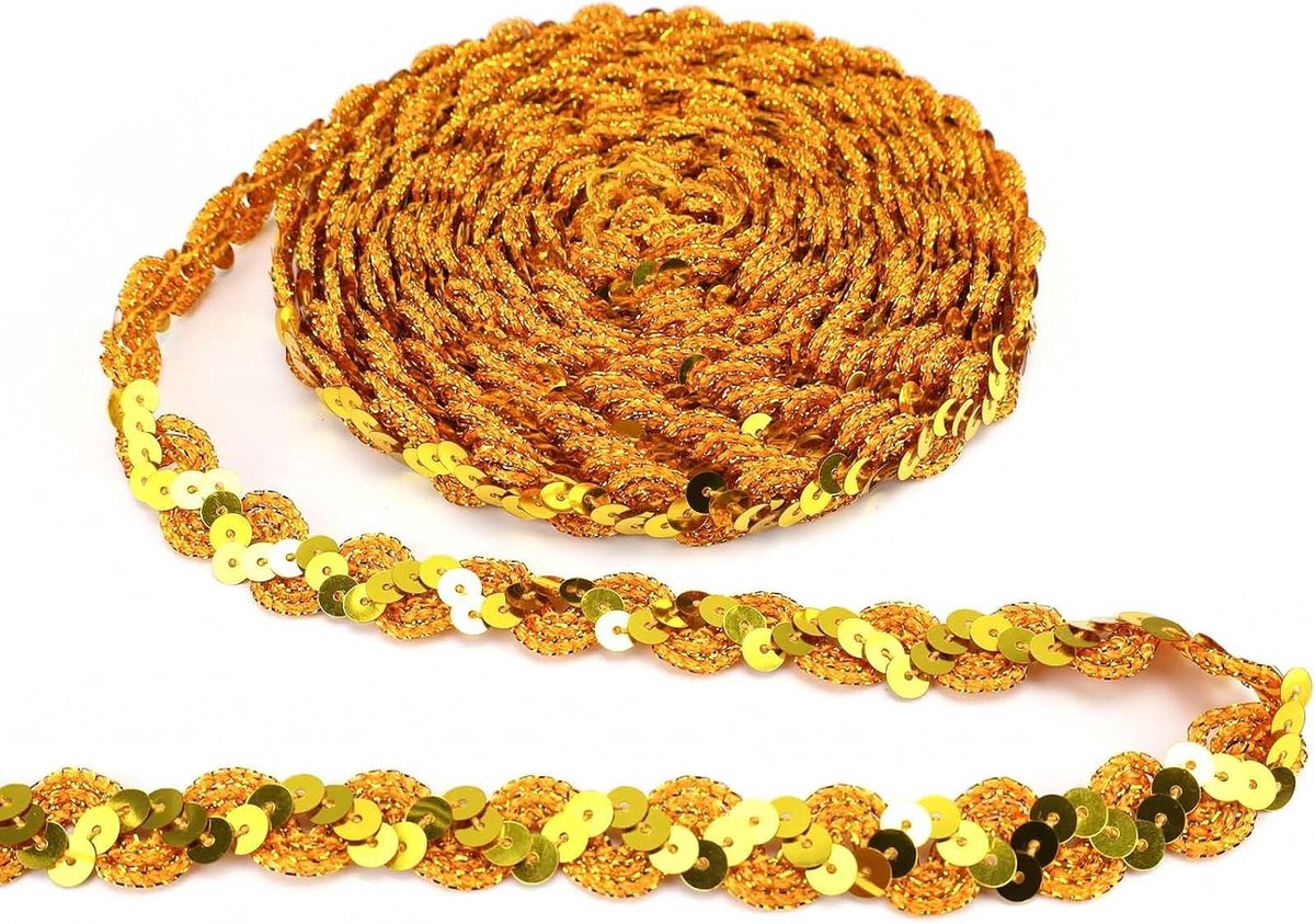 Paillettenlint goud, paillettenstrim, flat paillettenlint glitter, S-vormige golvende paillettenafwerking, geschikt voor podiumkostuums, gordijnen en doe-het-zelf hoofddeksels (15 mm)