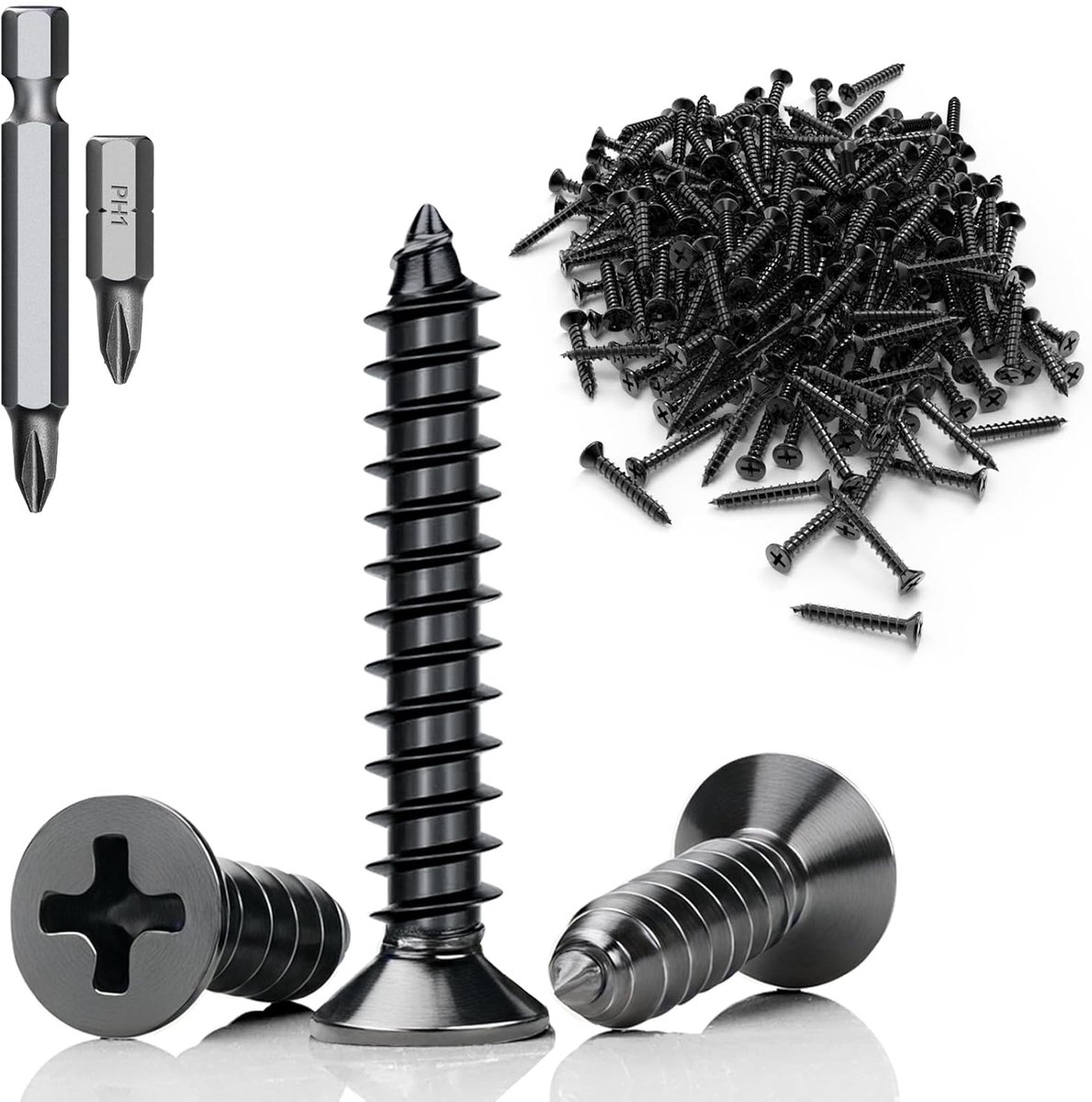 30 stuks zelftappende schroeven, zwart, M4 x 20 mm, schroeven, zwart, platte kop, roestvrij staal, 304 schroeven, volledige schroefdraad met schroevendraaier, bit voor houten meubels
