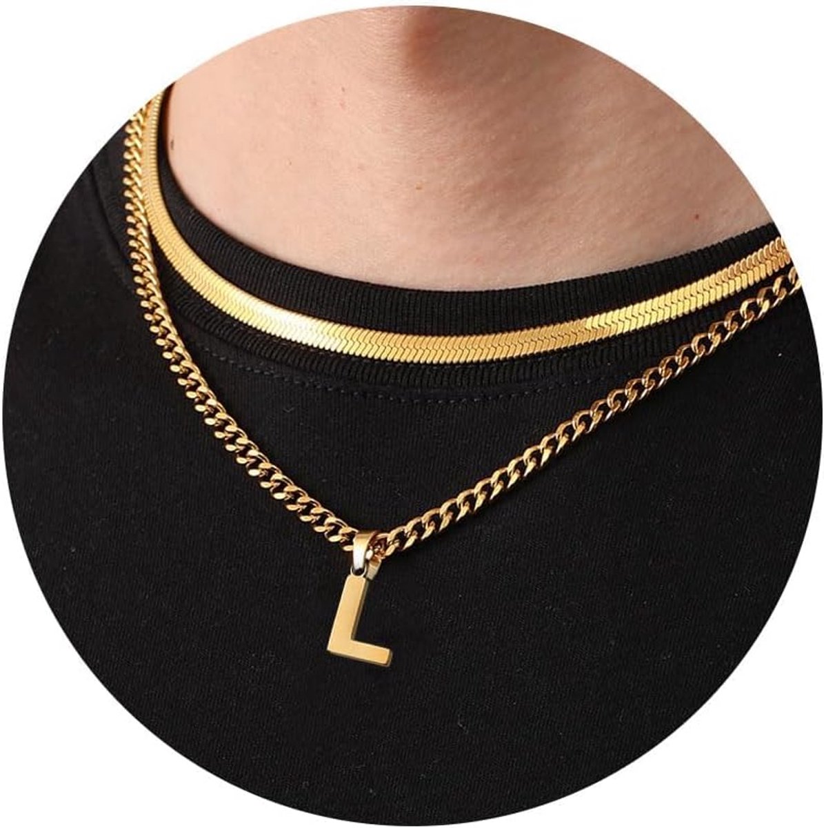 Halskettingen Heren met Letter A-Z Zilver Goud Zwart 316L Roestvrije Stalen Cubaanse ketting Slangenketting Dubbele ketting Cadeaus voor Mannen 18+20 Inches