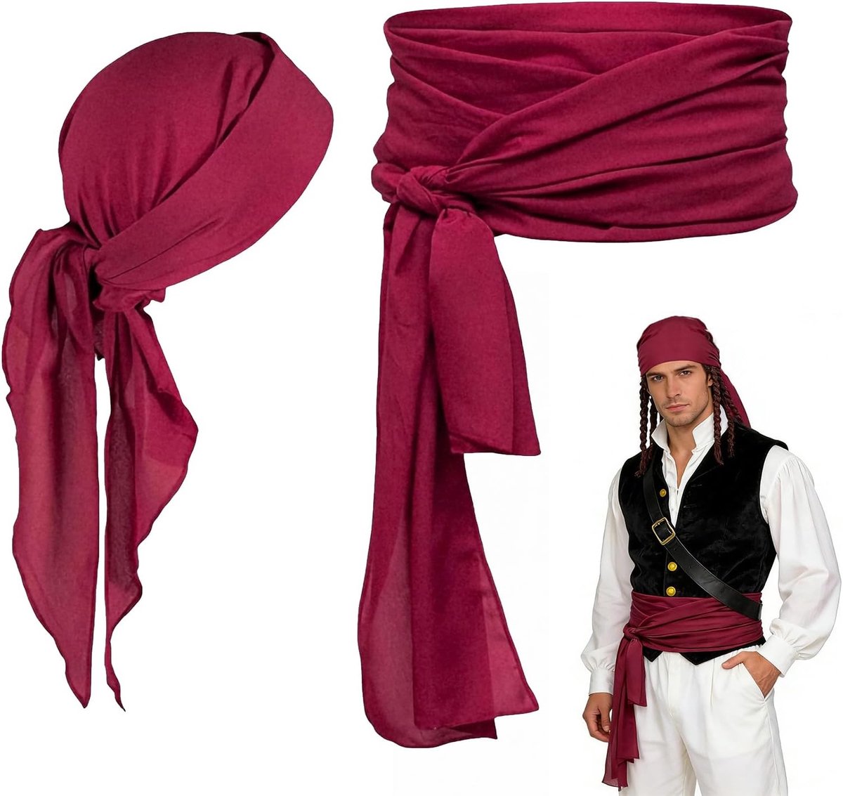 Accessoires, piratenhoofdband + riem, piratenriem, piraten-bandana's, Halloween, carnaval voor volwassenen en kinderen