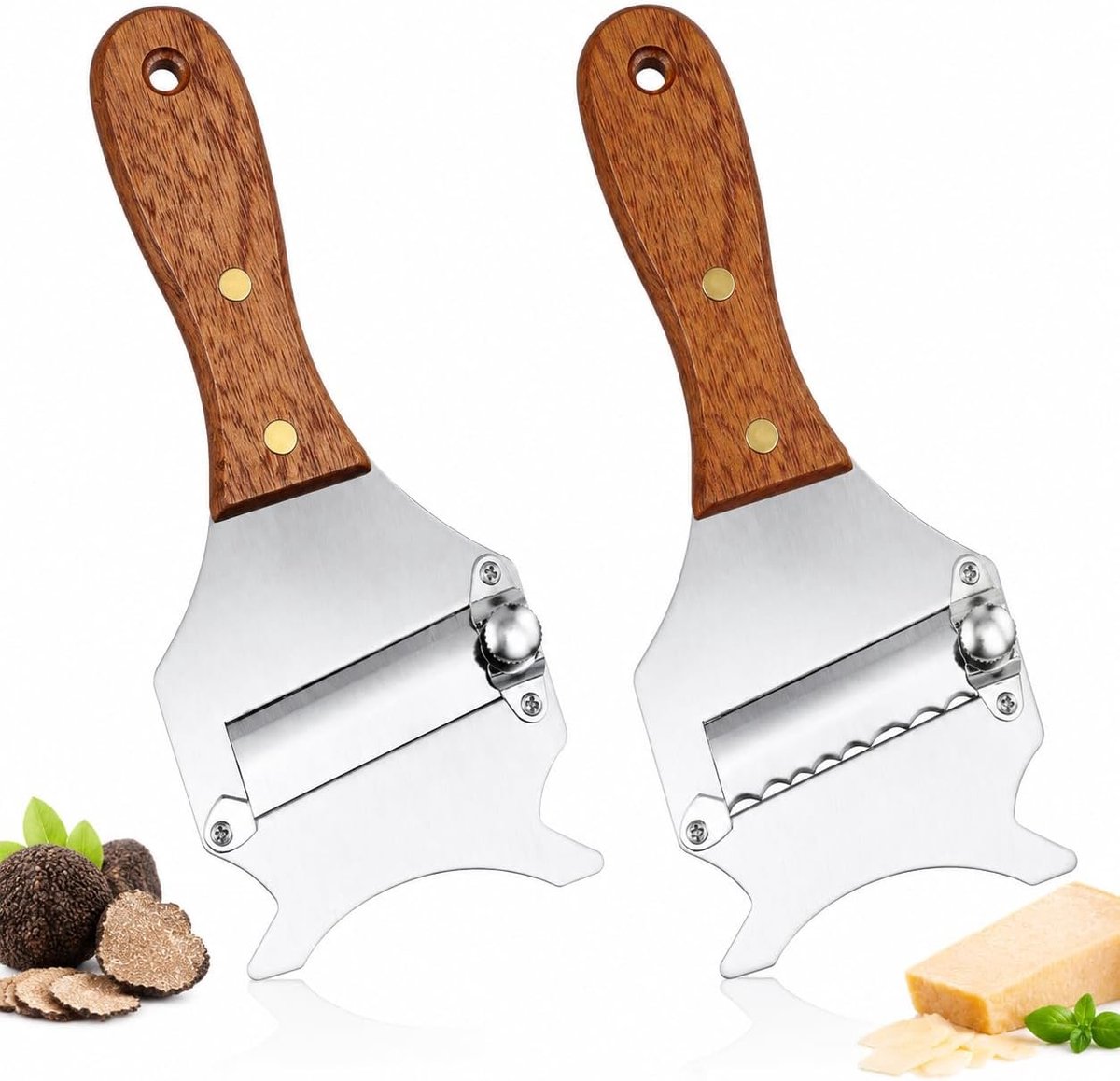 2 stuks truffelschaaf van roestvrij staal met instelbaar lemmet, truffelrasp en kaasschaaf als kaasschaaf, roestvrij staal, truffel-kaasschaaf met houten handvat voor truffel, kaas en chocolade