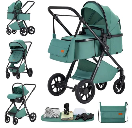 Groene Yazoco kinderwagen in verschillende configuraties: met reiswieg, zitje en als een compleet systeem met accessoires.