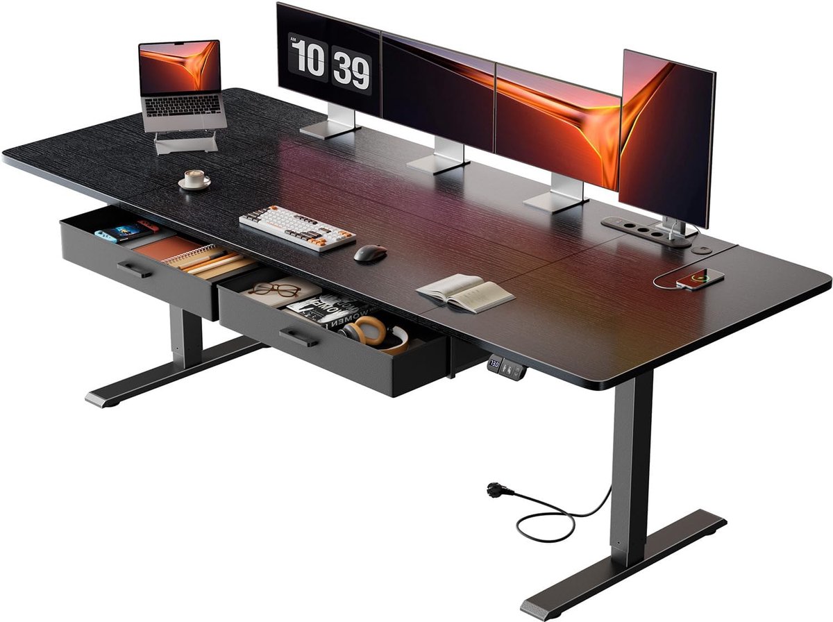 Elektrisch Bureau 200 x 80 cm, Standing Desk met Geïntegreerd Stopcontact en USB-C poort, Zit Sta Bureau Elektrische met 2 Afneembare Laden, 2 Geheugenfunctie, Zwart