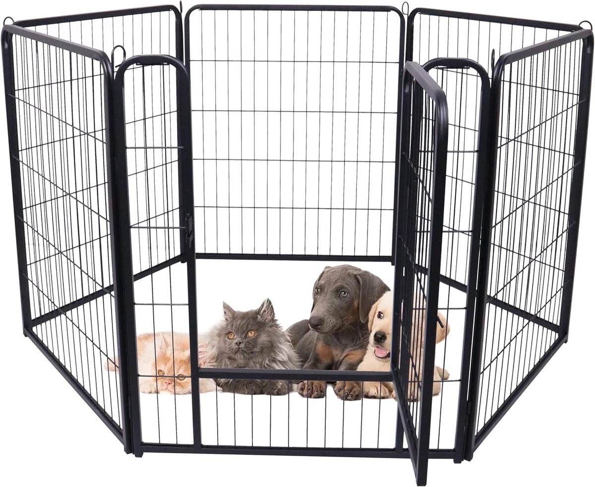 6-delige puppyren opvouwbare buitenren voor dieren, 80 cm hoog, automatische vergrendeling, box met deur voor honden, konijnen, kleine dieren, katten