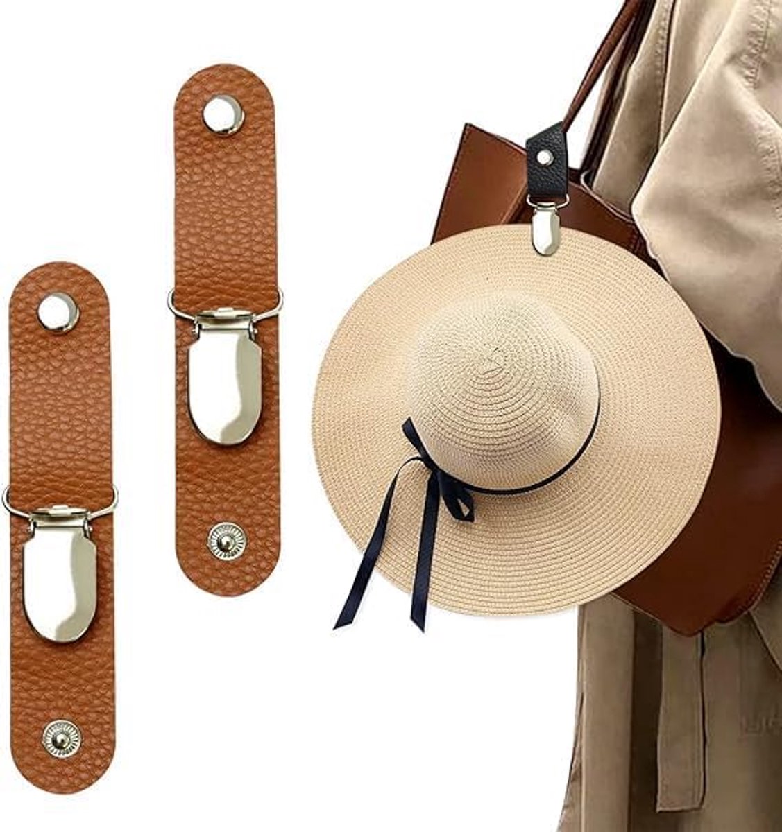 Hoedclip voor op reis, 2 stuks, multifunctionele hoedhouder, reishoedclips van PU-leer, draagbare hoedclip voor dames, voor reistassen, rugzakken, portemonnees
