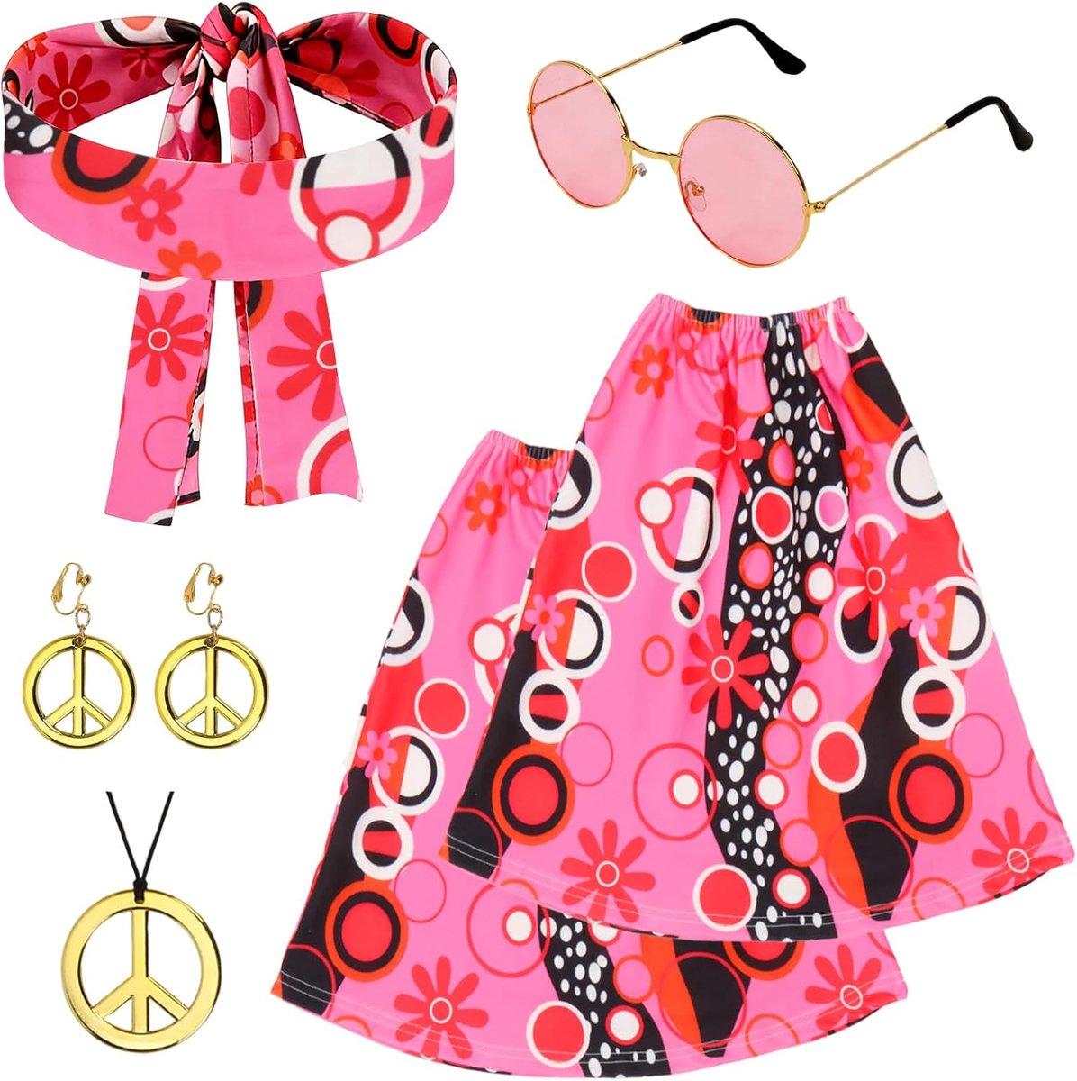 Hippiekostuum voor dames, jaren 60 en 70 outfit voor dames, met hoofdband, beenwarmers, halsketting, oorbellen, zonnebril, hippie-accessoires voor jaren '60-70-themafeest, carnaval, Halloween