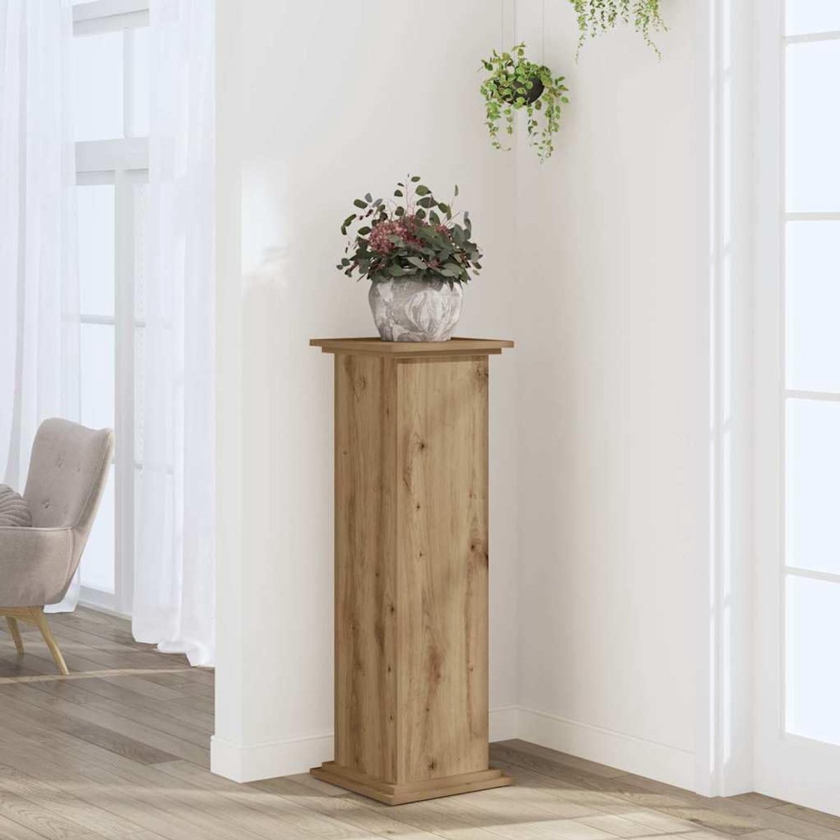 Artisan eiken, 33 x 33 x 100 cm, stabiel houtmateriaal, holle constructie met zandvulling, tijdloos design voor bloemen en decoratie, inclusief wandhouder voor