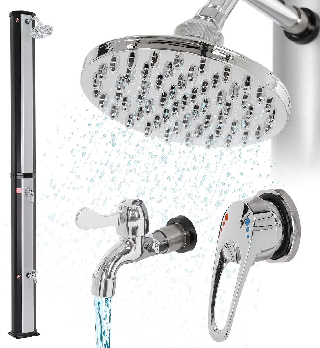 Solar Douche 35L 217 Cm Met Voetdouche En Regendouchekop, Zilver-zwart, Warm Water Tot 60°C Zonder Stroom, Tuinslangaansluiting, Solar Tuindouche Buitendouche Zwembaddouche Regendouche