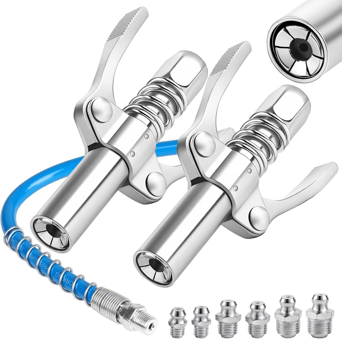 2 stuks vetpersmondstuk, 10.000 PSI vetperskoppeling met slang 30 cm en M10 smeernippel, dubbele handgreep G-koppeling voor vetpers, adapter geschikt voor standaard M6/M8/M10
