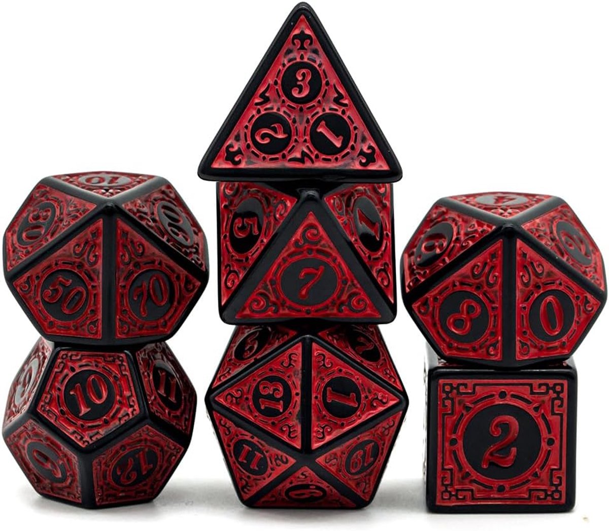7 stuks DND Dice polyedrische dobbelstenen set - 7 stuks voor Dungeon en Dragons MTG RPG D&D D20, D12, D10, D8, D6, D4 (rode graveerpatroon roze)