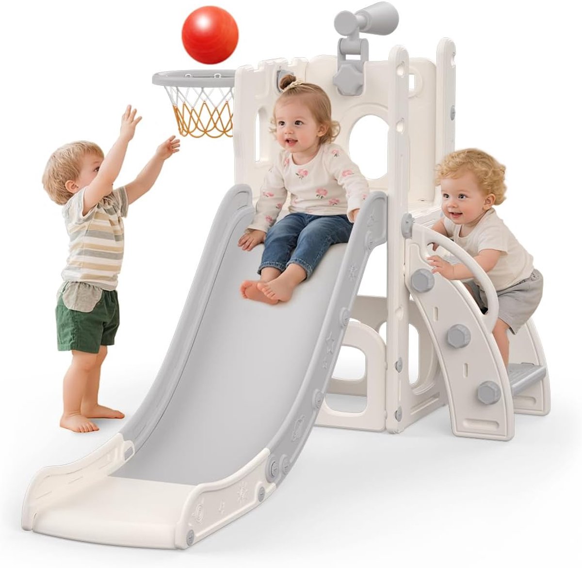 5-in-1 glijbaan voor kinderen, voor binnen en buiten, speelplaats voor kinderen met basketbalmand, opbergruimte en telescoop, speelplaats voor kinderen vanaf 1 jaar, grijs