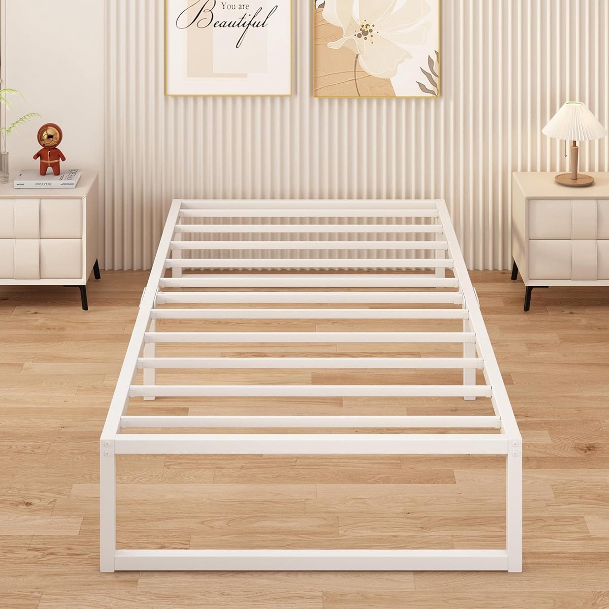 Eenpersoonsbed 90 x 200 cm Metalen Bed Met Lattenbodem, Hoogte 36 cm, Bedframe Voor 1 Persoon, Stil, Stabiel, Minimalistisch Design, Eenvoudig te Monteren, Wit