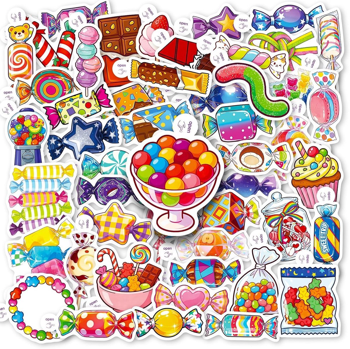 Waterbestendige snoepstickers 100 stuks - kleurrijk - regenboogdesign - ideaal voor feestdecoratie - ShopVlot