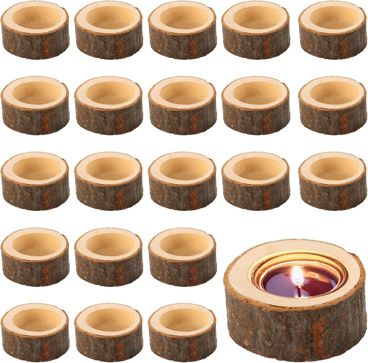 Houten theelichthouder 24 stuks - kaarsenhouder met boomschors - rustieke tafeldecoratie - perfect voor bruiloften - ShopVlot