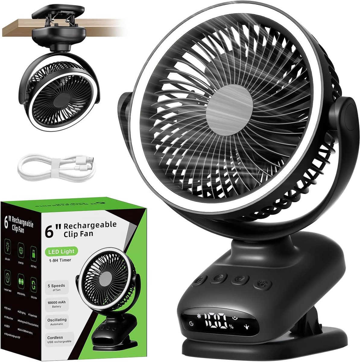 Mini ventilator met clip - zwart - USB-aansluiting - ideaal voor onderweg - ShopVlot