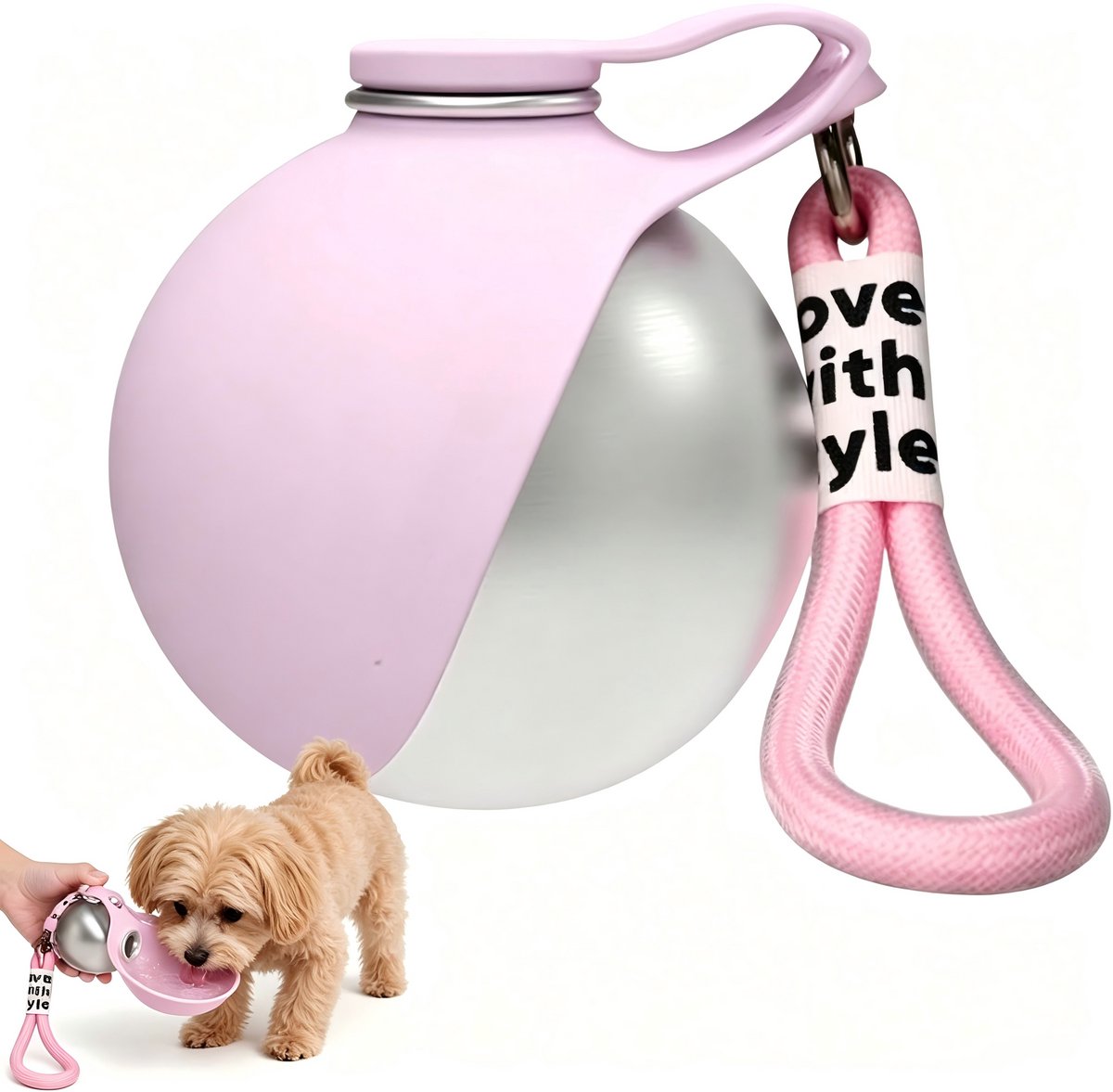 Honden Drinkfles 285ml - Draagbare Waterfles voor Hond en Kat met Opvouwbare Siliconen Kom - 304 RVS Reisfles met Karabijnhaak - Lekvrij en Compact voor Wandelen en Reizen - Roze