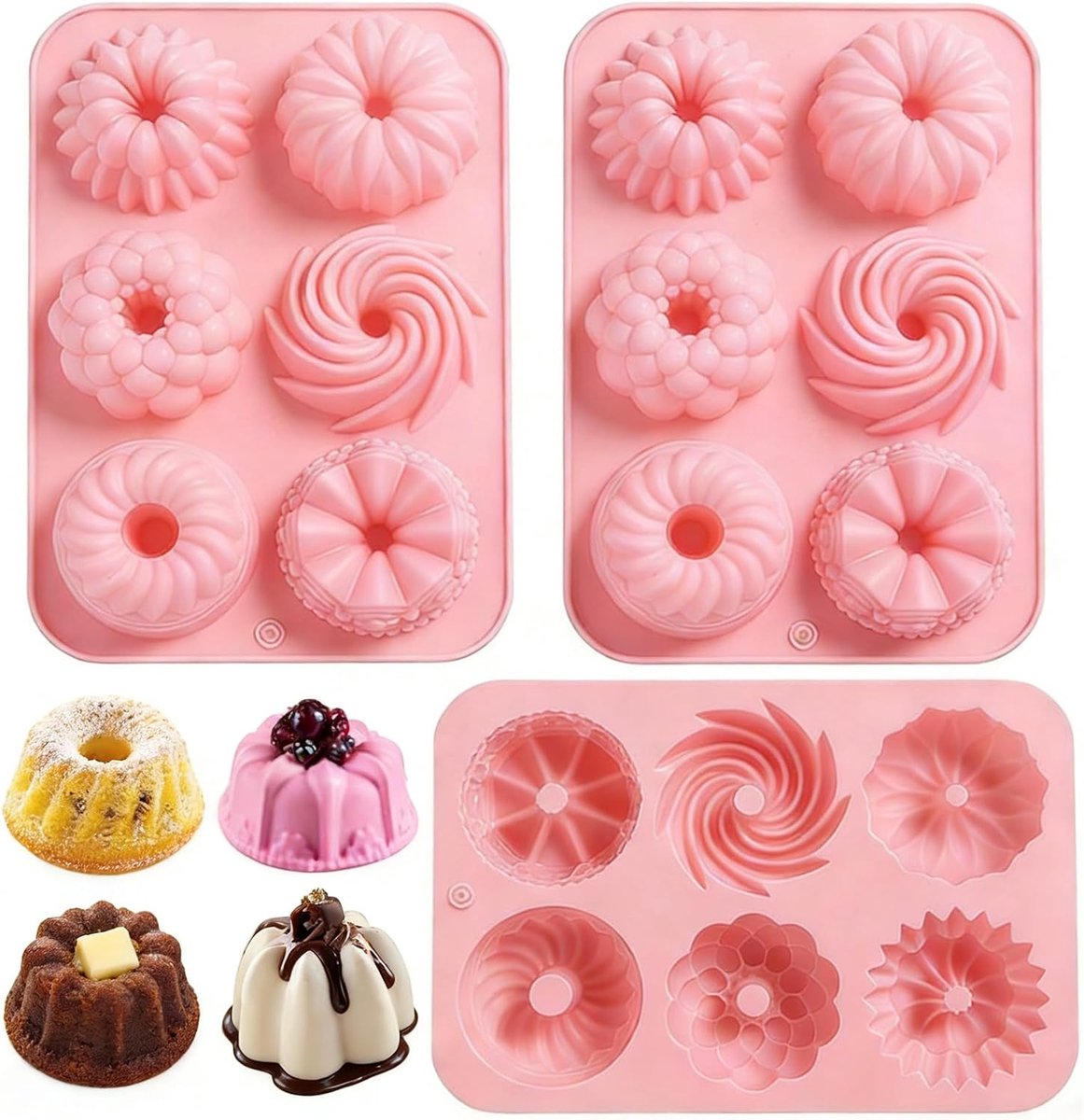 mini tulbandvormen 3 stuks - siliconen - roze - anti-aanbaklaag voor cake - ShopVlot