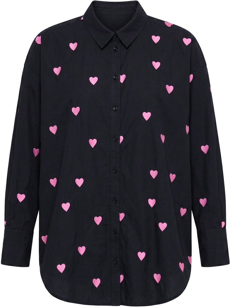 Studio Untold - Dames - Overhemdblouse oversized Heart-borduursel overhemdkraag - Zwart - Maat 50+