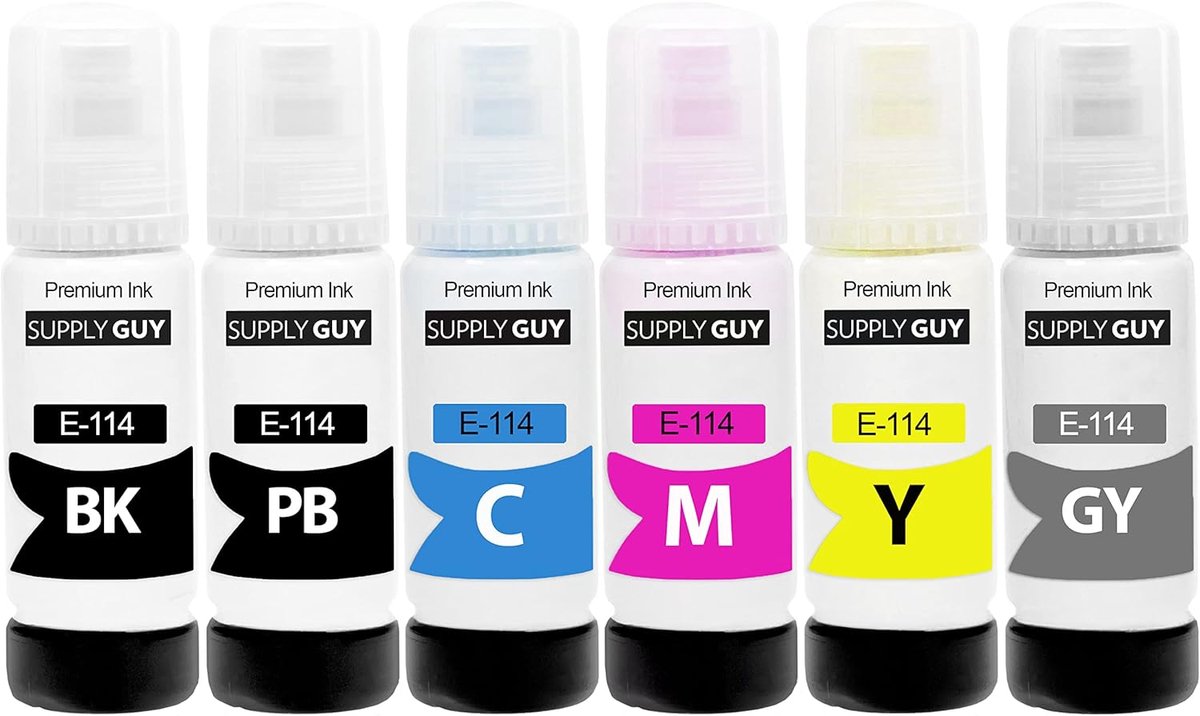 Inktflessen voor Epson 114 - 6 stuks van 70ml - Pigment zwart, foto zwart, cyan, magenta, geel, grijs - ShopVlot