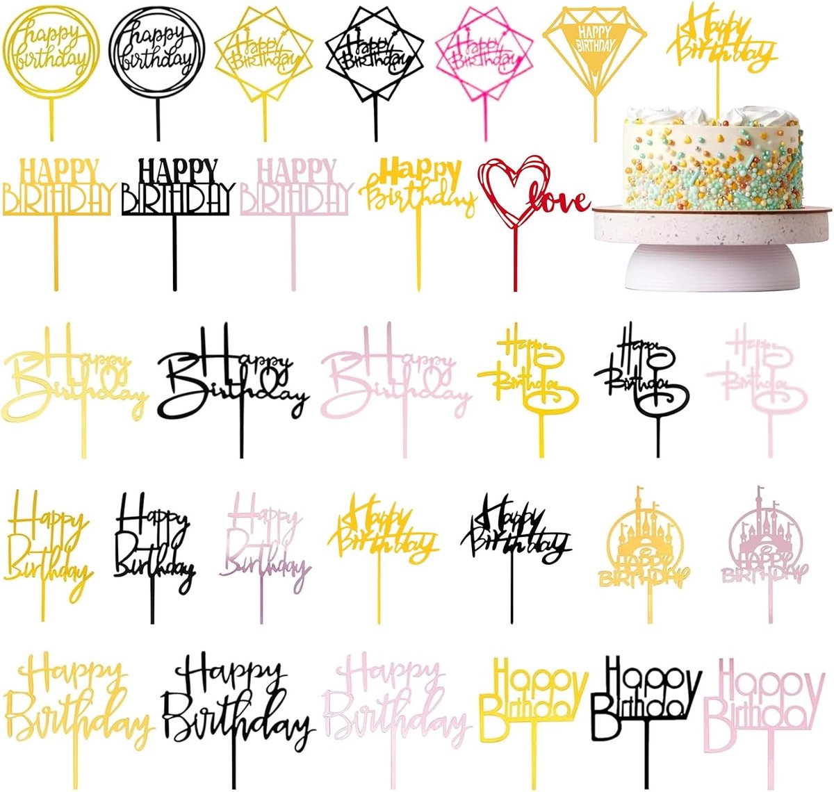 Taartdecoratie set 30 stuks - gouden Happy Birthday taarttopper - acryl glitters - voor verjaardagsversiering - ShopVlot