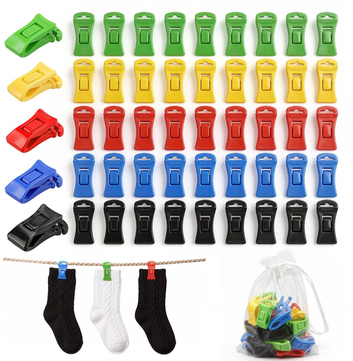 Sokkenklemmen 50 stuks - kleurrijke sokkenclips - met haken en opbergtas - voorkomt verlies in de wasmachine - ShopVlot