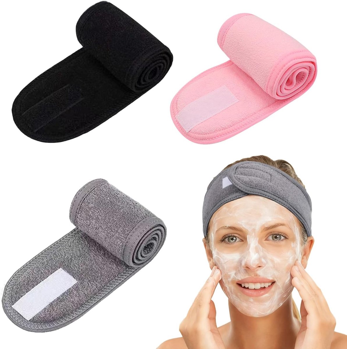 Spa gezichtshaarbanden 3-pack - verstelbaar 63 cm - comfortabel terry doek - ideaal voor skincare en yoga - ShopVlot