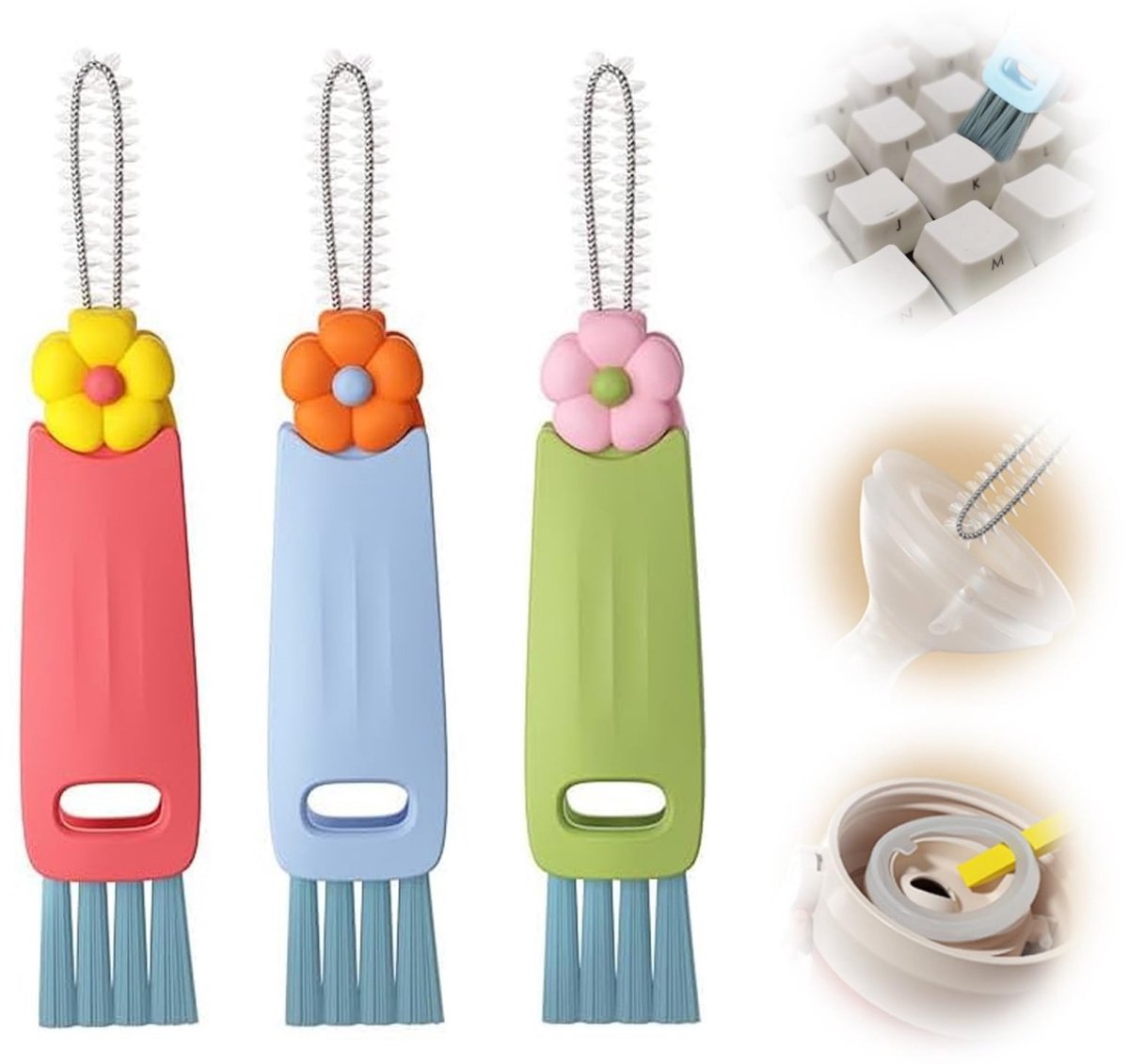 longziming -3-In-1 Multifunctionele Reinigingsborstel - Bekerdeksel Borstelset - Schoonmaakgereedschap - Toegang Tot Moeilijke Hoeken - Bloemvormig Design - Efficiënte Hygiëne Zonder Inspanning - 3 Stuks