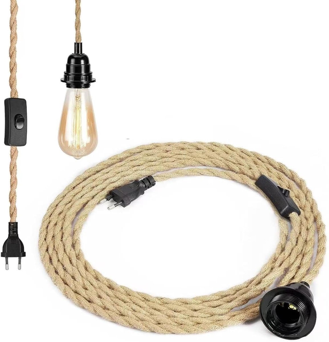E27 lampenhouder met 4,5 m kabel - vintage jute touw - hittebestendig - ideaal voor woonkamer - ShopVlot