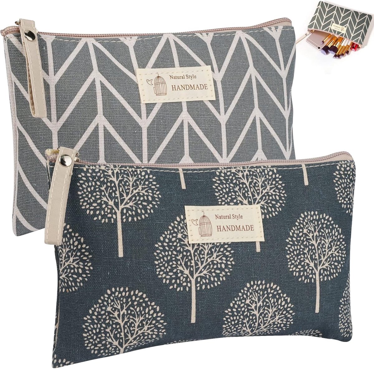 SnelShoppen - Set van 2 kleine cosmetica tassen, ideaal voor reizen, uitgaan, vakantie, fitness, ritssluiting, blauw, grijs, lichtgewicht en duurzaam
